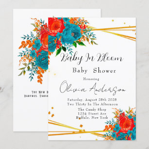 Invitation Bébé en Fleur Baby shower orange Turquoise