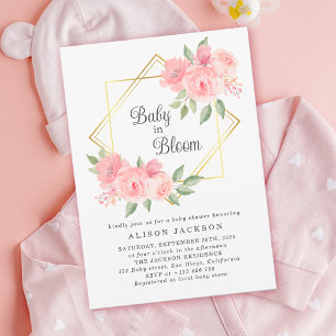 Invitation Bébé en Fleur Baby shower rose Floral Gold Frame