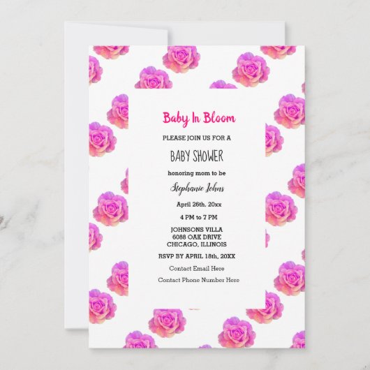 Invitation Bébé en fleur Baby shower rose Floral Rose fille (Devant)