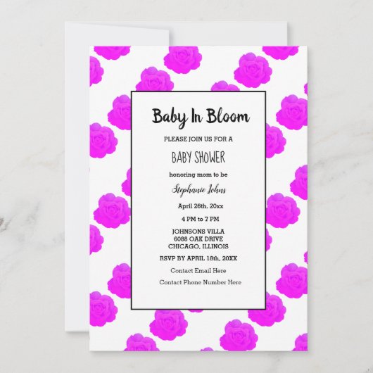 Invitation Bébé En Fleur Baby shower rose violet Fille mignon (Devant)