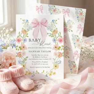 Invitation Bébé en Fleur Baby Shower Ruban Rose