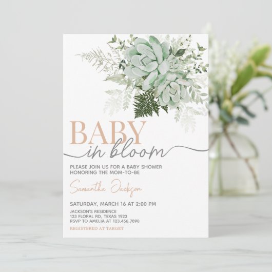 Invitation Bébé en fleur Baby shower Succulent (Debout devant)