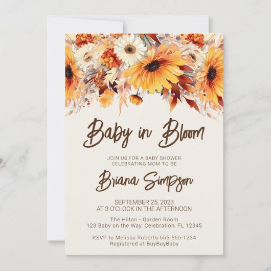 Invitation Bébé en Fleur Beige Chute Baby shower floral (Devant)