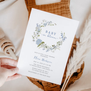 Invitation Bébé en Fleur bleu Baby shower de couronne fleurie