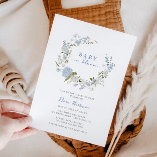 Invitation Bébé en Fleur bleu Baby shower de couronne fleurie