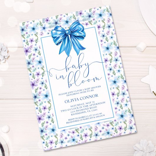 Invitation Bébé en Fleur Bleu Bow Baby shower Floral