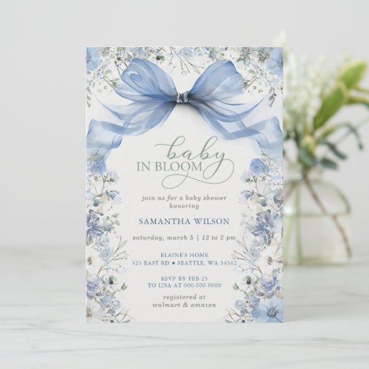Invitation Bébé en Fleur Bleu Bow Floral Boy Baby shower (Debout devant)
