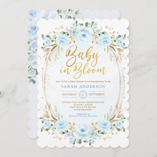 Invitation Bébé en Fleur Bleu doux Or Floral Douche garçon (Devant / Derrière)