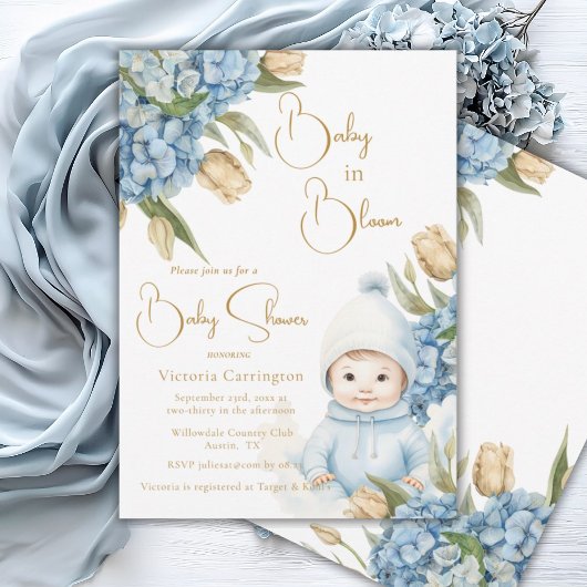Invitation Bébé en Fleur Bleu Floral Bébé Garçon