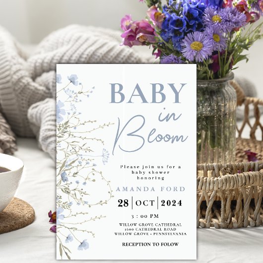 Invitation Bébé en Fleur bleu Floral Fleur sauvage Baby showe
