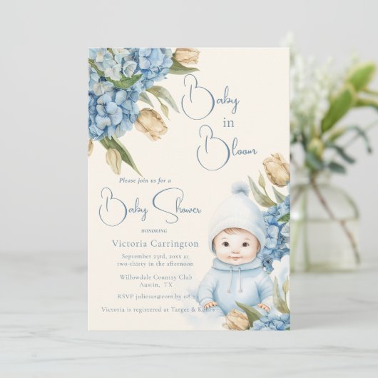 Invitation Bébé en Fleur Bleu Garçon bébé (Debout devant)