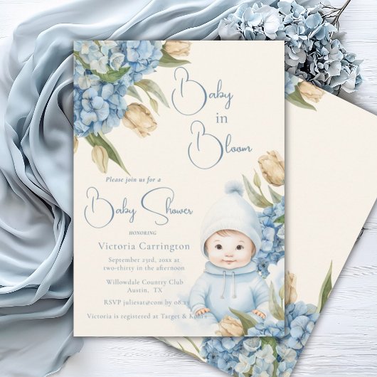 Invitation Bébé en Fleur Bleu Garçon bébé