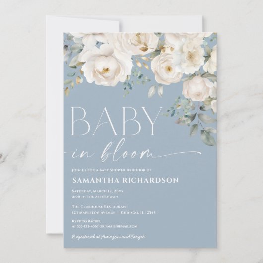 Invitation Bébé en Fleur bleu poussiéreux blanc fleuri garçon (Devant)