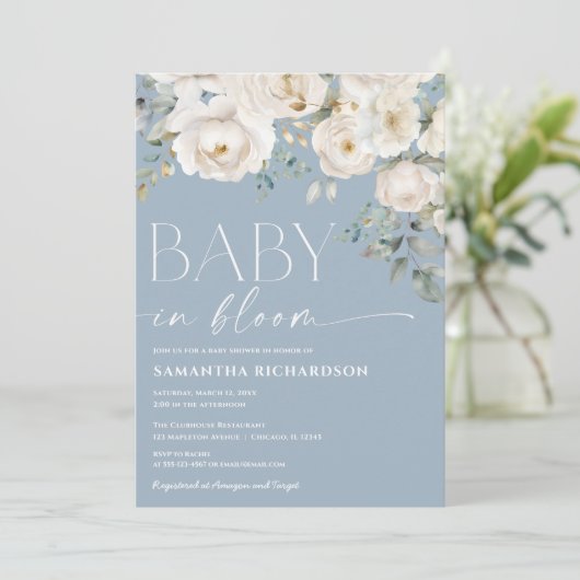 Invitation Bébé en Fleur bleu poussiéreux blanc fleuri garçon (Debout devant)