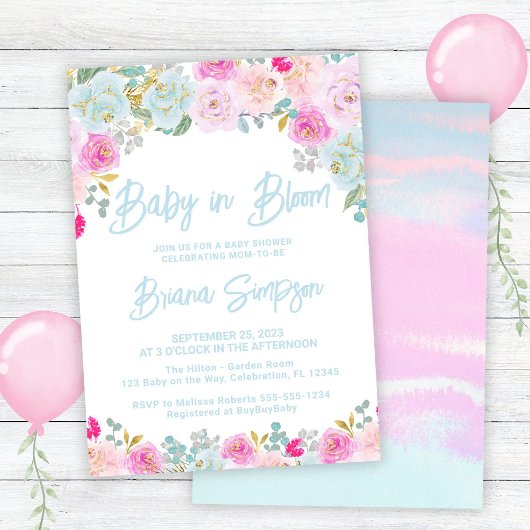 Invitation Bébé en Fleur bleu rose Pêche Baby shower floral