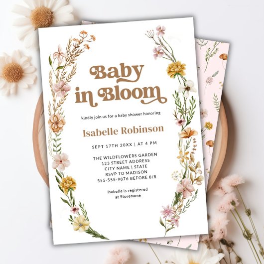 Invitation Bébé en Fleur Boho Chic Floral Baby shower rose