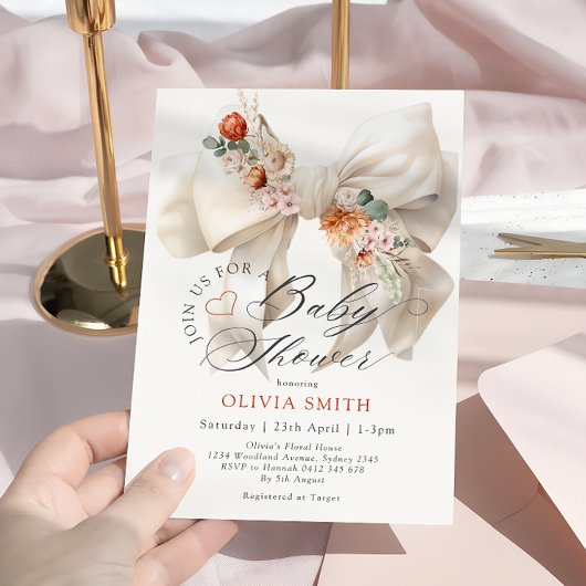Invitation Bébé en fleur Bow blanc Chute Baby shower floral
