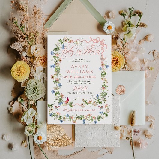 Invitation Bébé en Fleur Bow rose Baby shower Floral Fille
