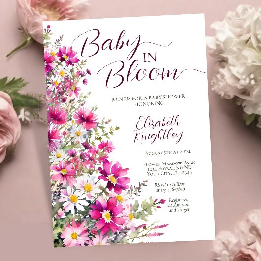 Invitation Bébé en Fleur Bright rose Floral Baby shower fille