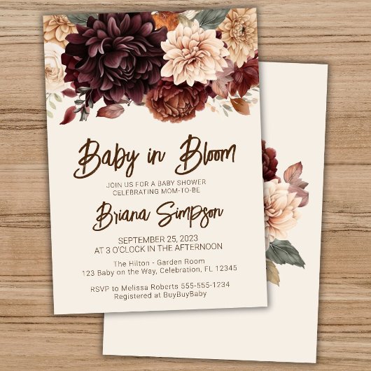 Invitation Bébé en Fleur Brown Beige Ivory Baby shower floral