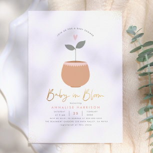 Invitation Bébé En Fleur Coeur Plante Pot Baby shower Or