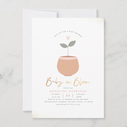 Invitation Bébé En Fleur Coeur Plante Pot Baby shower Or (Devant)