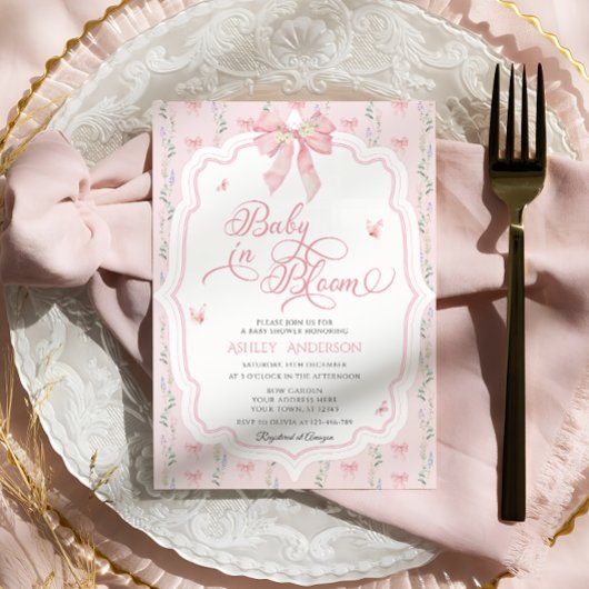Invitation Bébé En Fleur Coquette Baby shower Bow Rose
