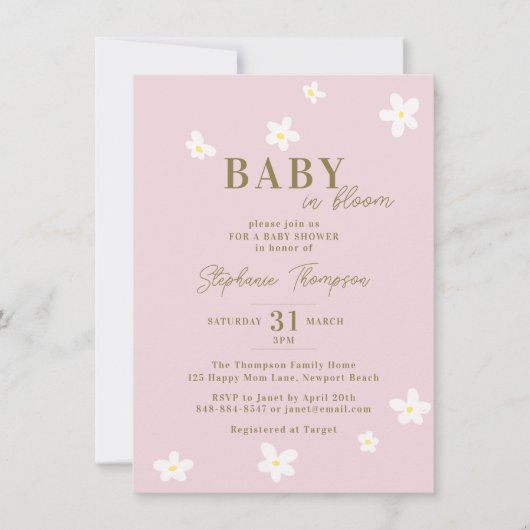 Invitation Bébé en Fleur Daisy Printemps Boho rose Fille Douc (Devant)