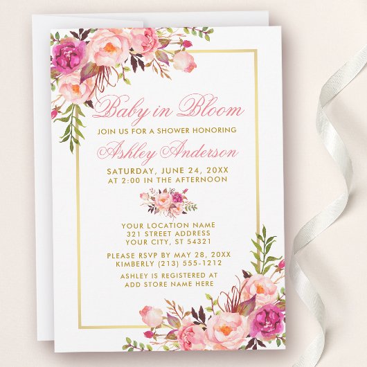 Invitation Bébé En Fleur Douche Or Rose Blush Floral