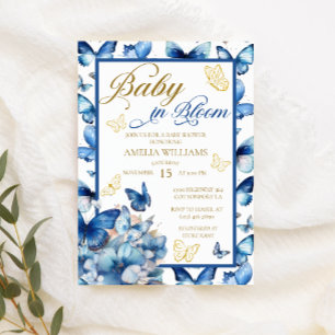 Invitation Bébé en Fleur Douche Papillon Bleu Doré Floral