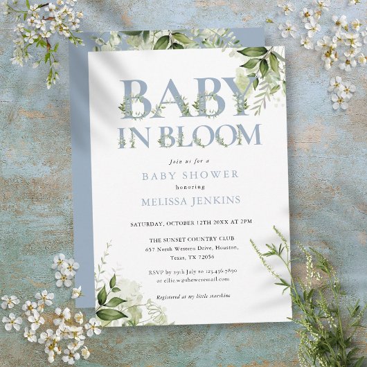 Invitation Bébé en fleur Dusty Baby shower bleu verdure