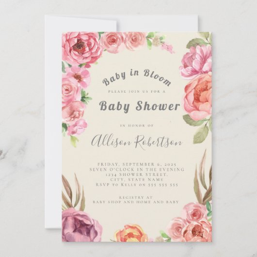 Invitation Bébé En Fleur Dusty Baby shower Floral Rose (Devant)