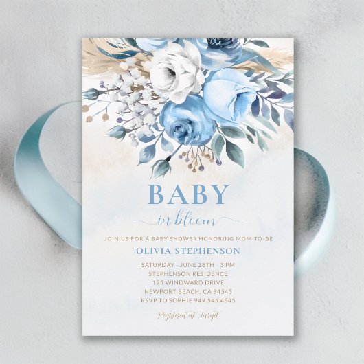 Invitation Bébé en Fleur Dusty Bleu Rose Élégant Baby shower