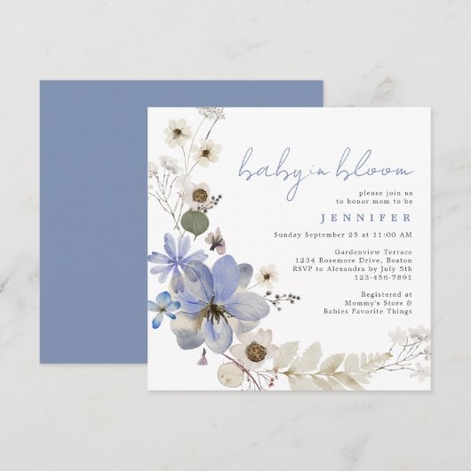 Invitation Bébé En Fleur Dusty Blue Floral Baby shower (Devant / Derrière)