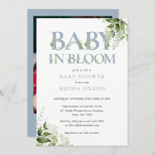 Invitation Bébé en fleur Dusty Blue Foliage Baby shower photo