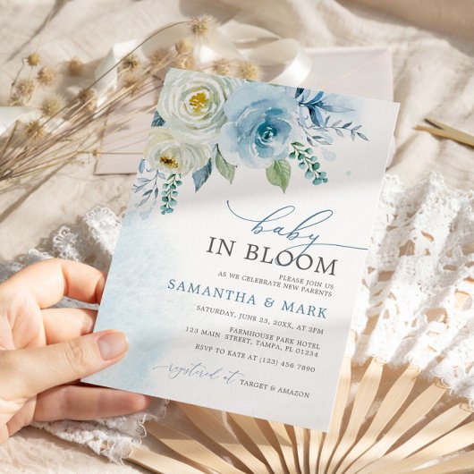 Invitation Bébé en Fleur Dusty Blue Rose Baby shower Floral