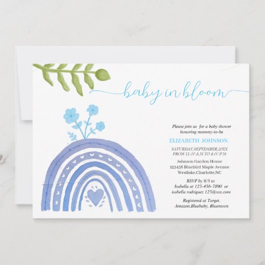 Invitation bébé en fleur élégant baby shower arc-en-ciel bleu (Devant)