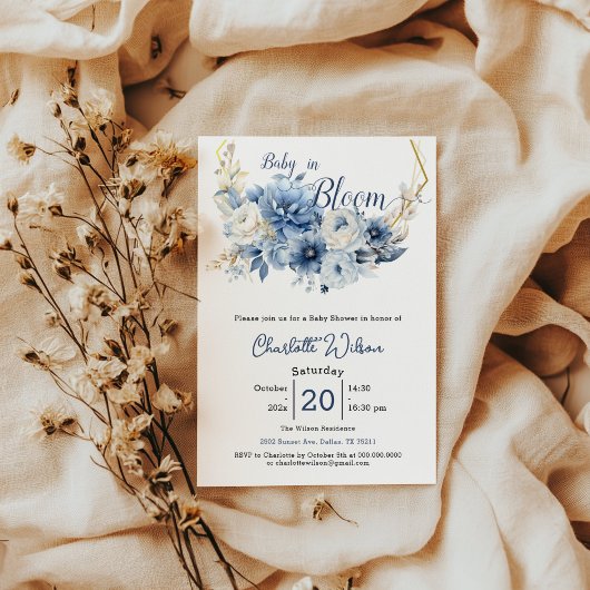 Invitation Bébé en fleur Elégant Baby shower Fleurs Bleues