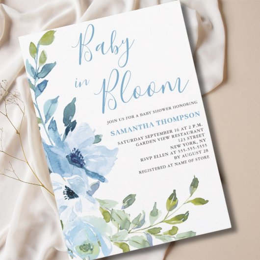 Invitation Bébé en Fleur Fête de Bébé Florale Bleue