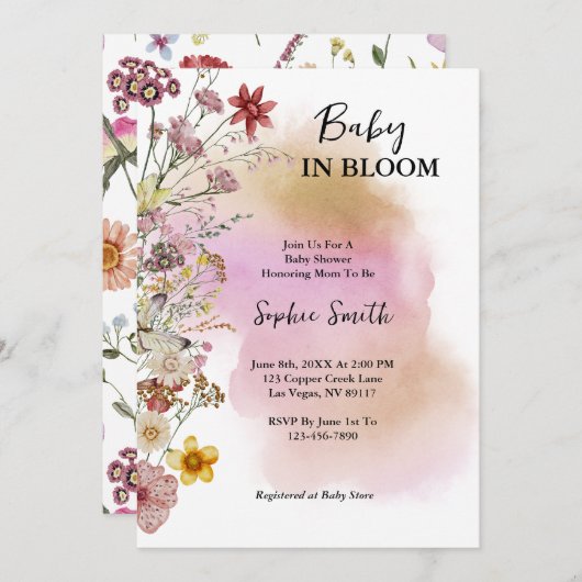 Invitation Bébé en fleur Fleur sauvage aquarelle (Devant / Derrière)