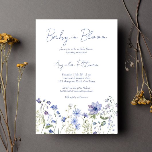 Invitation Bébé en fleur Fleur sauvage baby shower bleu pouss