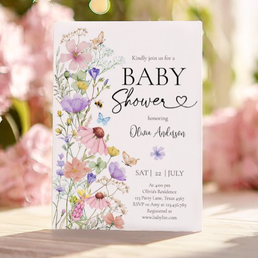 Invitation Bébé en Fleur Fleur sauvage Papillons Baby shower