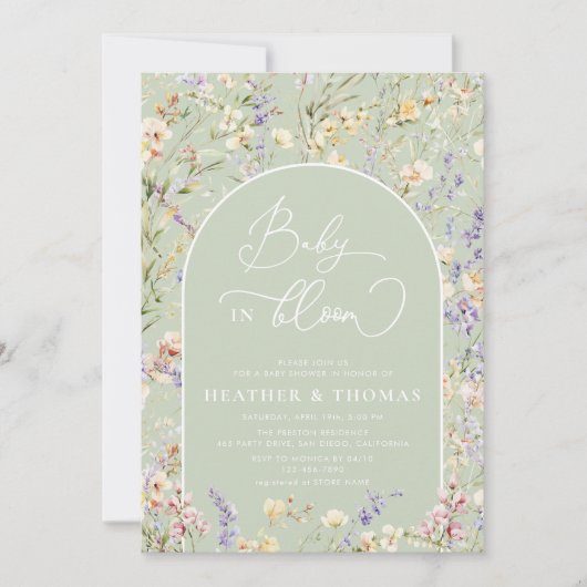 Invitation Bébé en fleur Fleur sauvage QR Sage Baby shower ve (Devant)