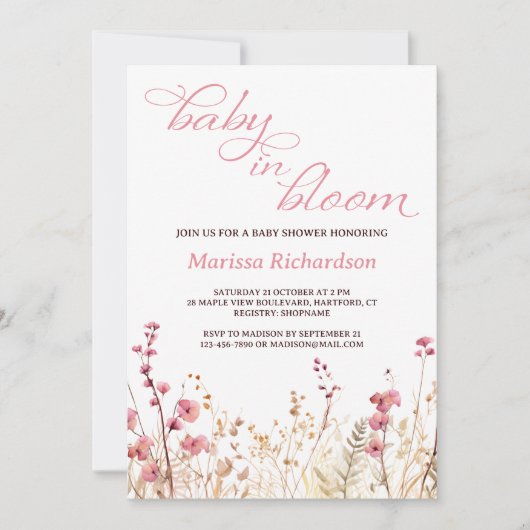 Invitation Bébé en Fleur Fleur sauvage rose Baby shower fille (Devant)