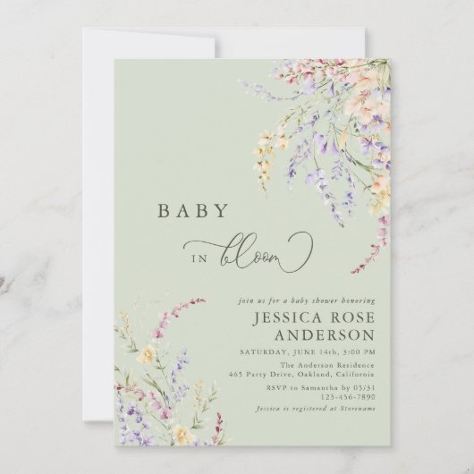 Invitation Bébé En Fleur Fleur sauvage Sage Baby shower Vert (Devant)