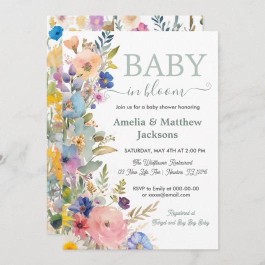 Invitation Bébé en fleur fleurs sauvages floraux sans sexe (Devant / Derrière)