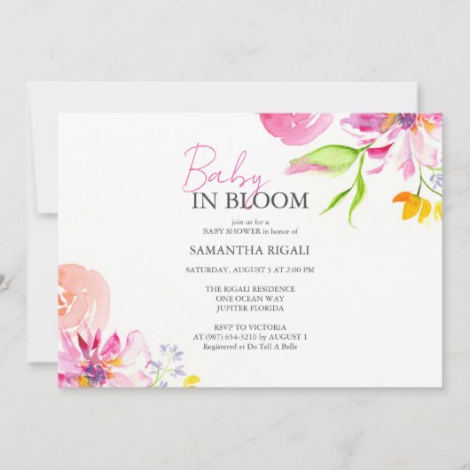 Invitation Bébé En Fleur Floral Aquarelle Douche (Devant)