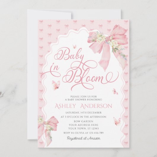 Invitation Bébé en Fleur Floral Blush Baby shower Bow rose (Devant)
