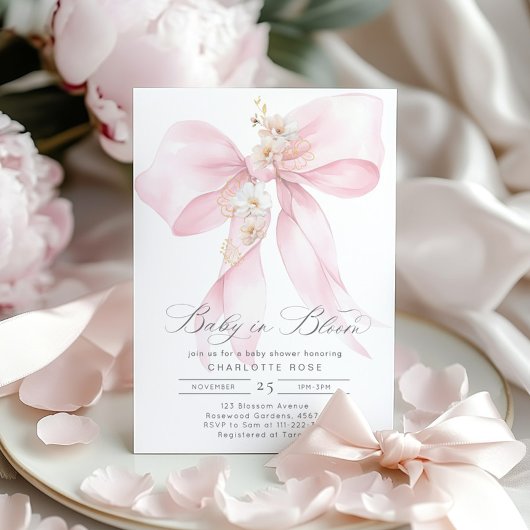 Invitation Bébé en Fleur Floral Blush rose Bow baby shower