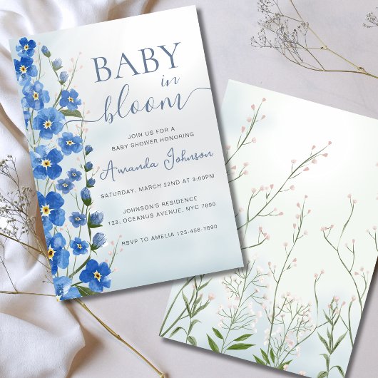 Invitation Bébé en Fleur Garçon Bleu Floral Douche